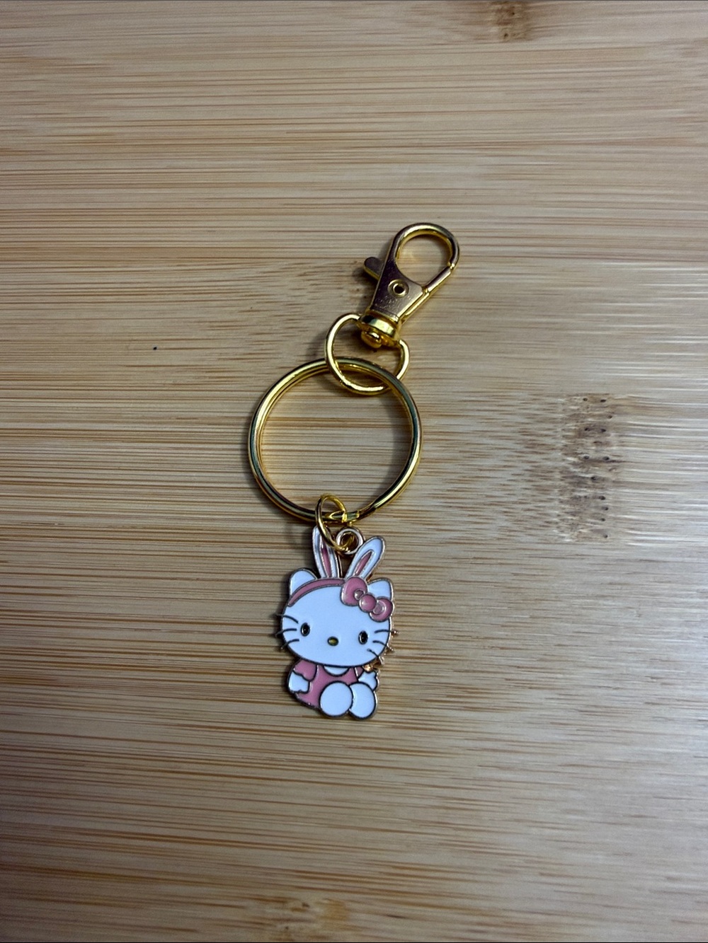 Hello Kitty Gold Metal Keyring with Pink and White Enamel Bunny Charm